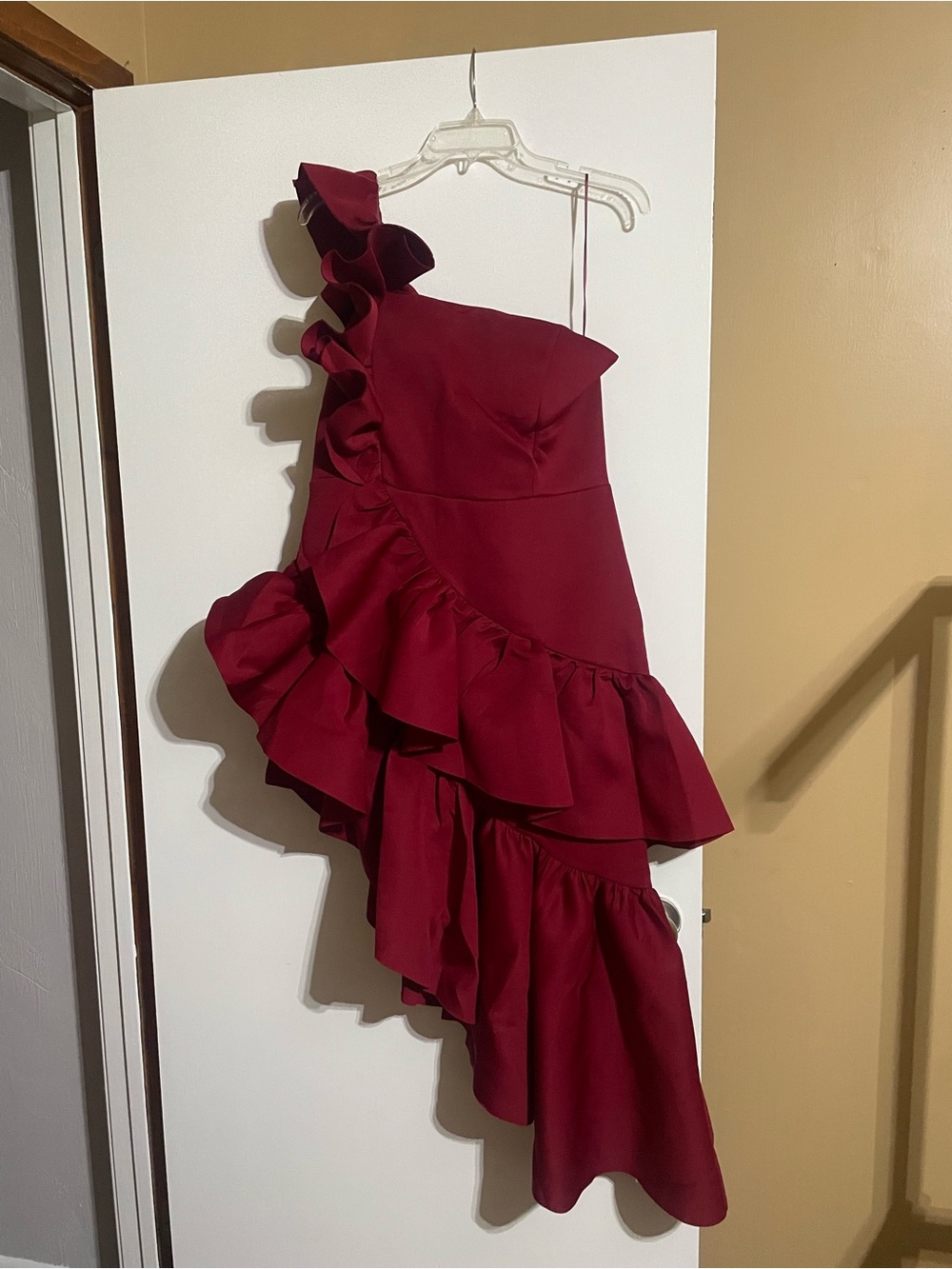 One-Shoulder Burgundy Ruffle Dress
